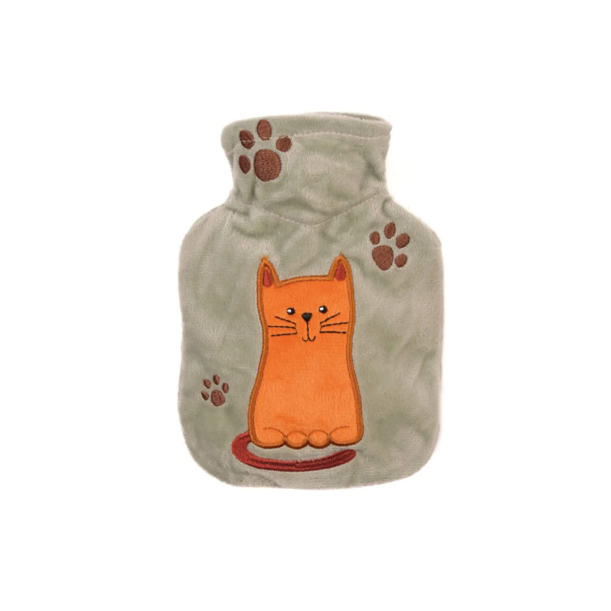 0.2 Litre Luxury Mini Hot Water Bottle with Sage Green Cat Plush Velour Cover (rubberless)