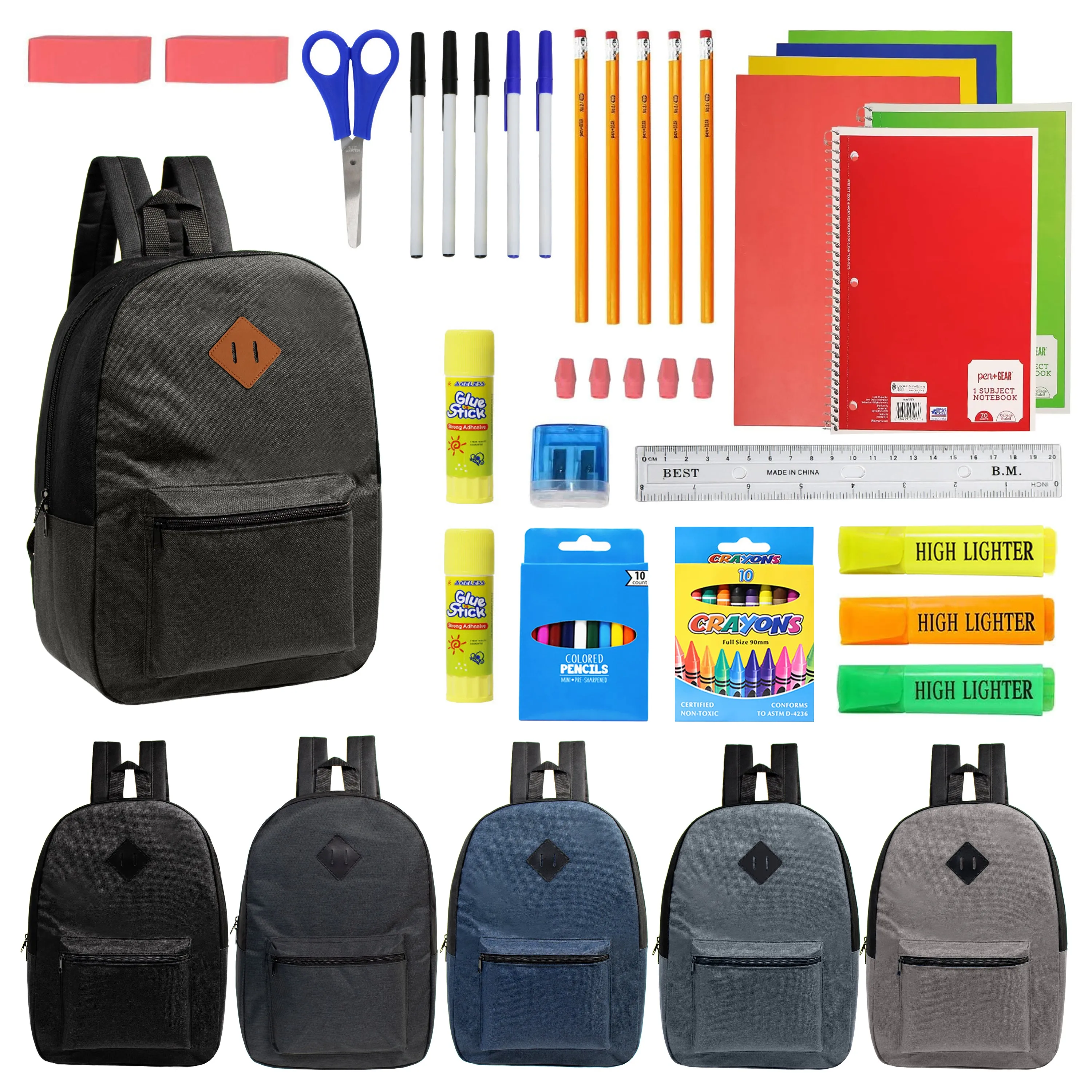 12 Wholesale 17" Backpacks in Assorted Colors with a Diamond Patch & 12 Bulk School Supply Kits of Your Choice