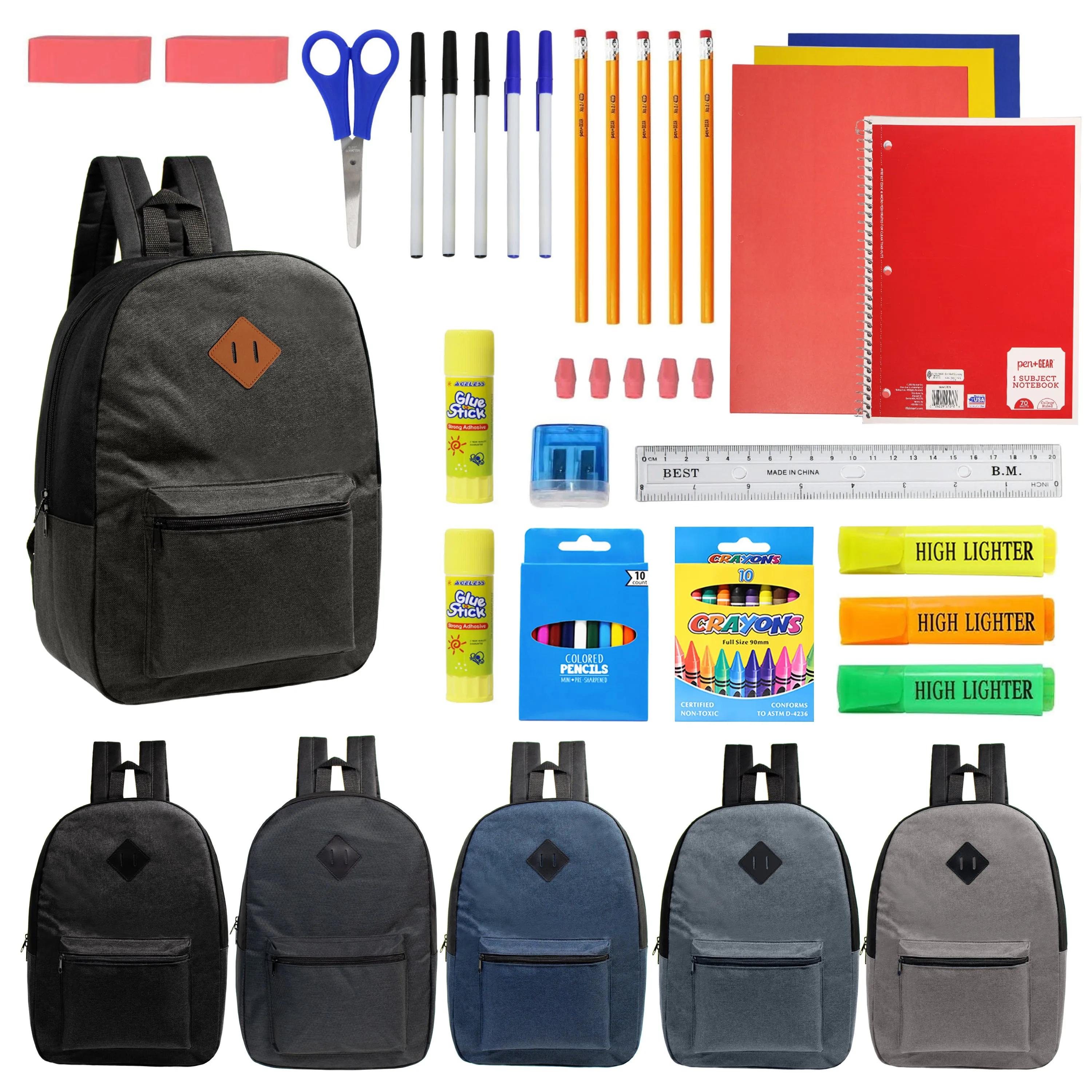 12 Wholesale 17" Backpacks in Assorted Colors with a Diamond Patch & 12 Bulk School Supply Kits of Your Choice