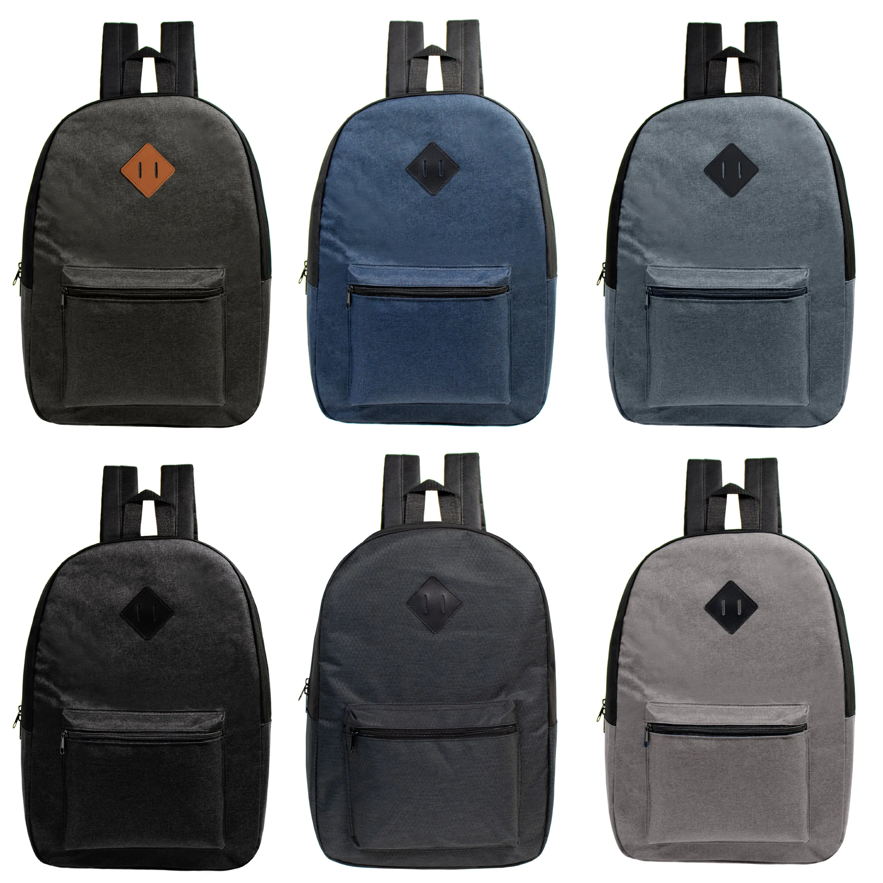 12 Wholesale 17" Backpacks in Assorted Colors with a Diamond Patch & 12 Bulk School Supply Kits of Your Choice