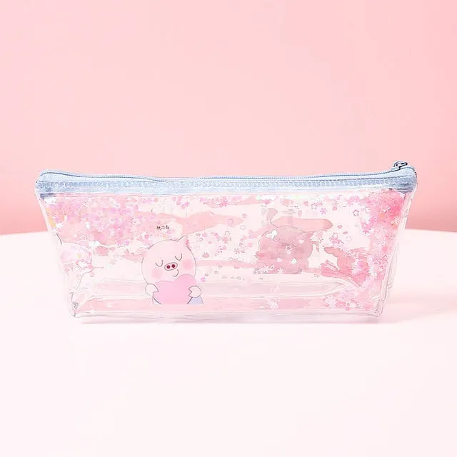 1Pc Kawaii Mermaid Pig Quicksand oil Pencil Case