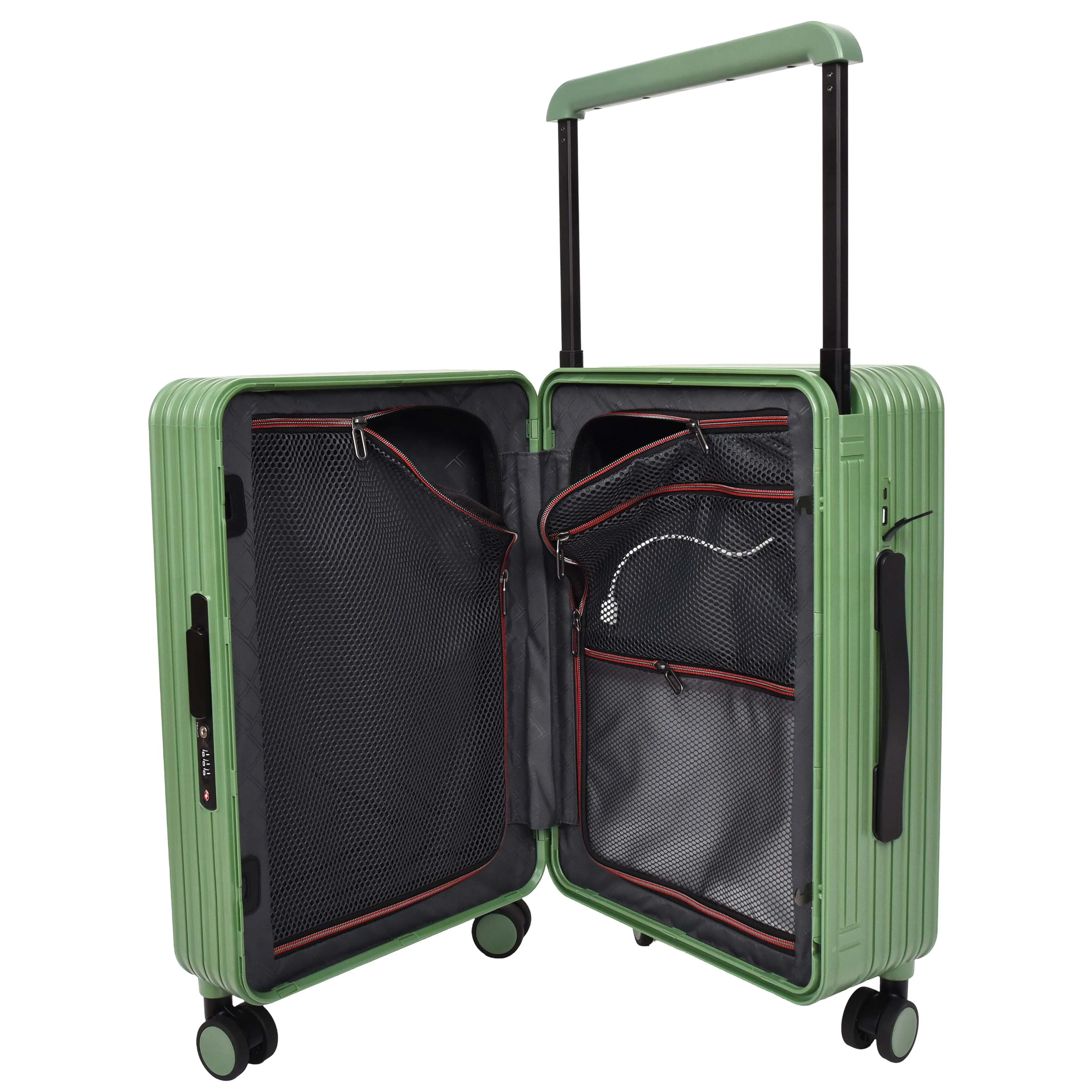 20" Cabin Size USB Port Suitcase Four Wheels Hard Shell Smart Luggage Expedition Green