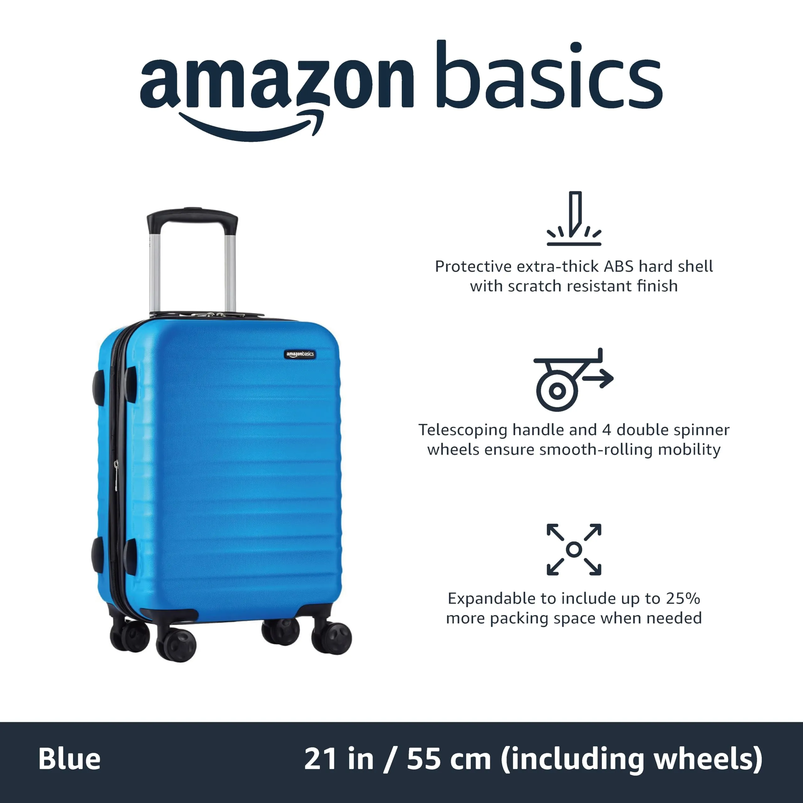 Amazon Basics Suitcase, Hardside Luggage with Spinner Wheels, Scratch-Resistant Surface, Light Blue, 30-Inch