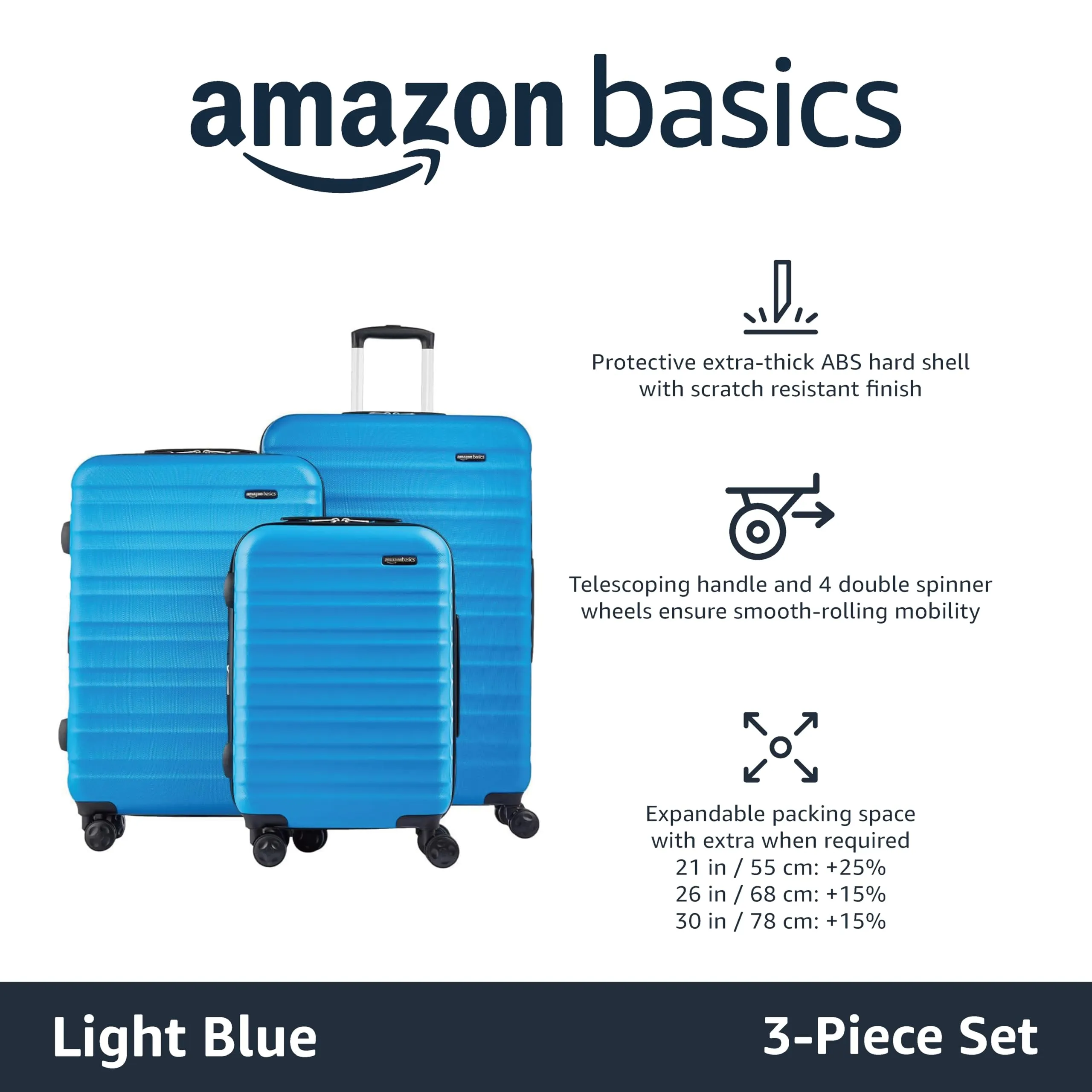 Amazon Basics Suitcase, Hardside Luggage with Spinner Wheels, Scratch-Resistant Surface, Light Blue, 30-Inch