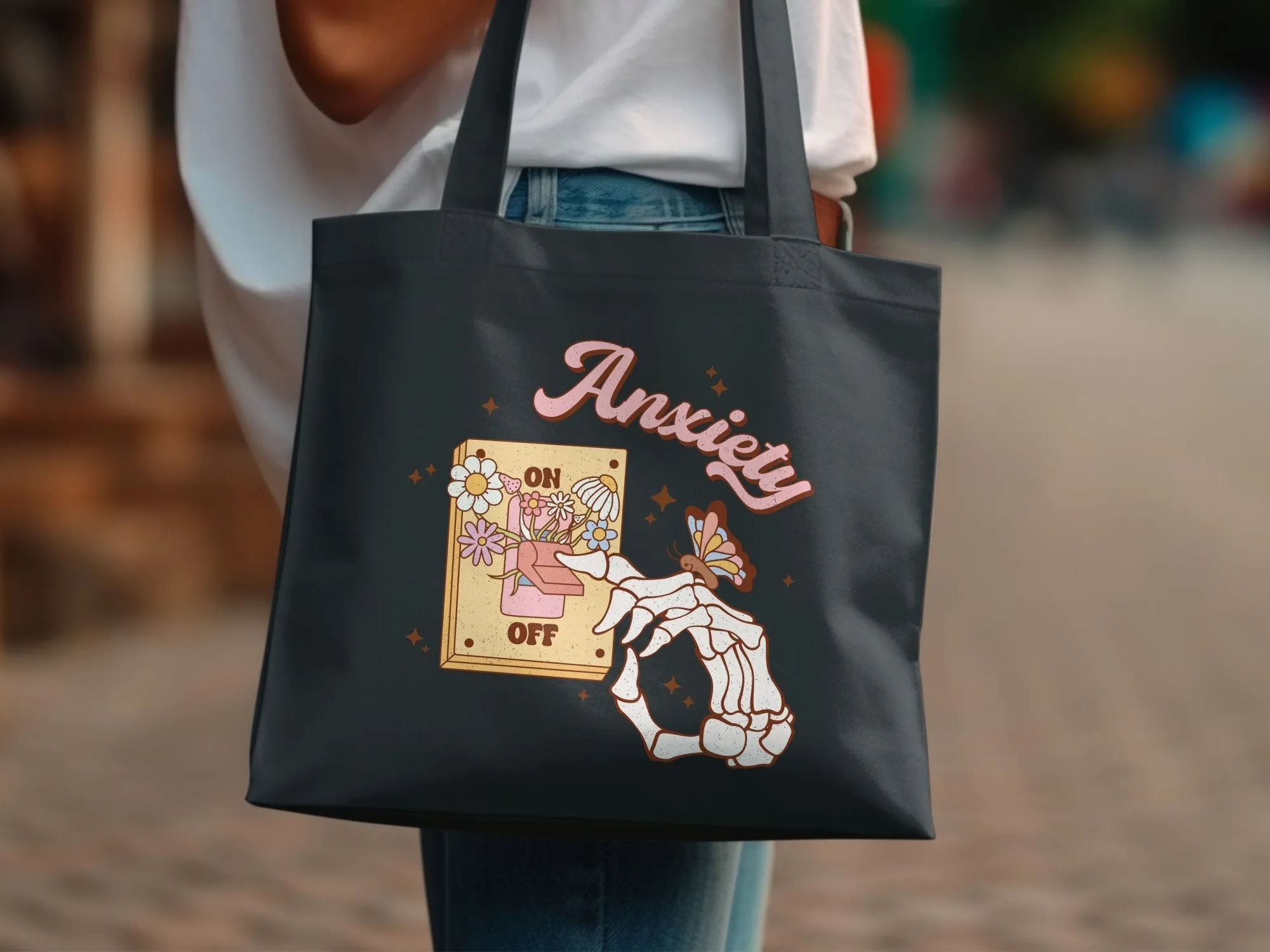 Anxiety Relief Illustration Tote Bag, Floral OFF Switch and Butterfly Design, Eco-Friendly Canvas Shopper, Trendy Mental Health Support Accessory