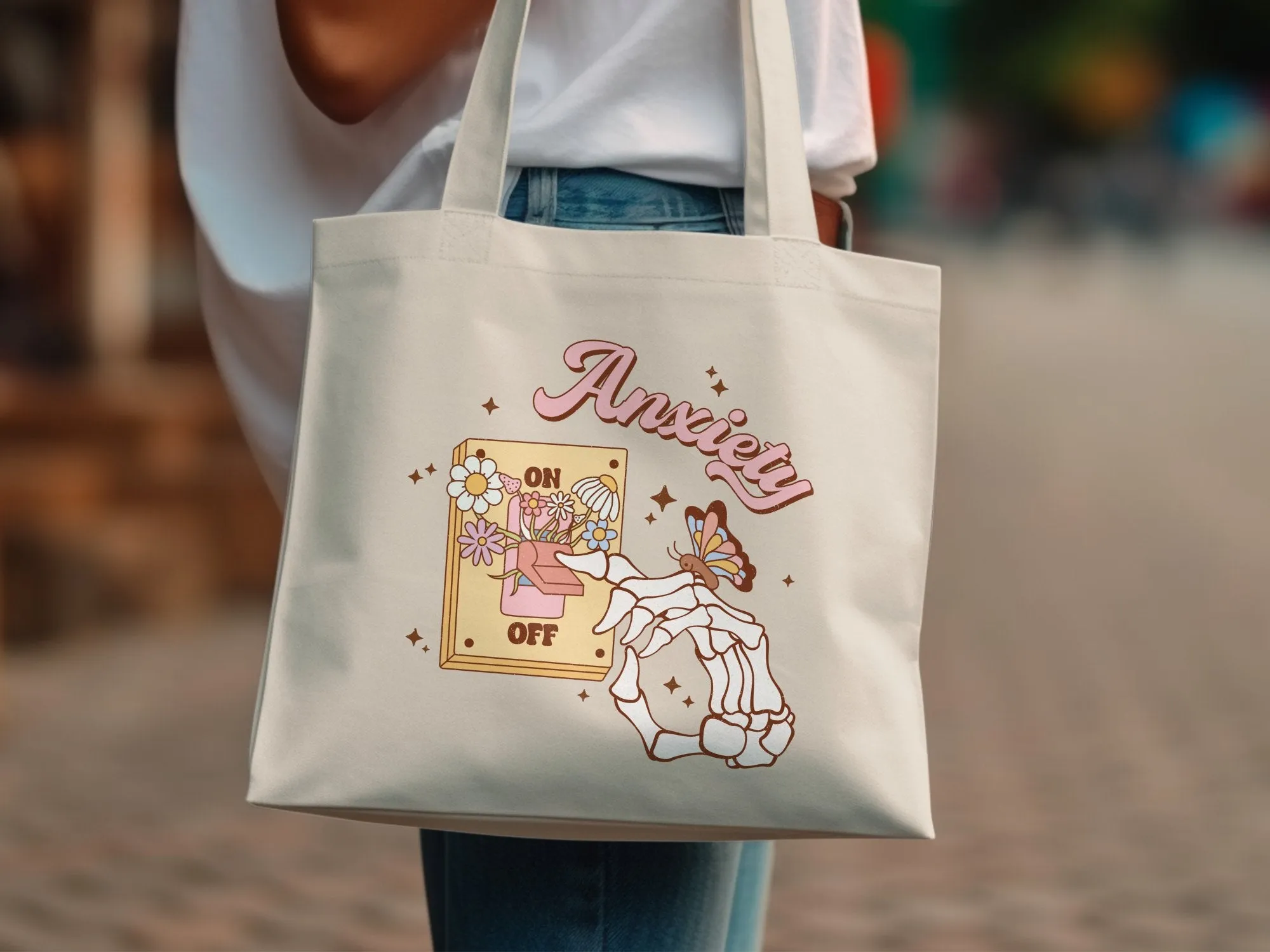 Anxiety Relief Illustration Tote Bag, Floral OFF Switch and Butterfly Design, Eco-Friendly Canvas Shopper, Trendy Mental Health Support Accessory