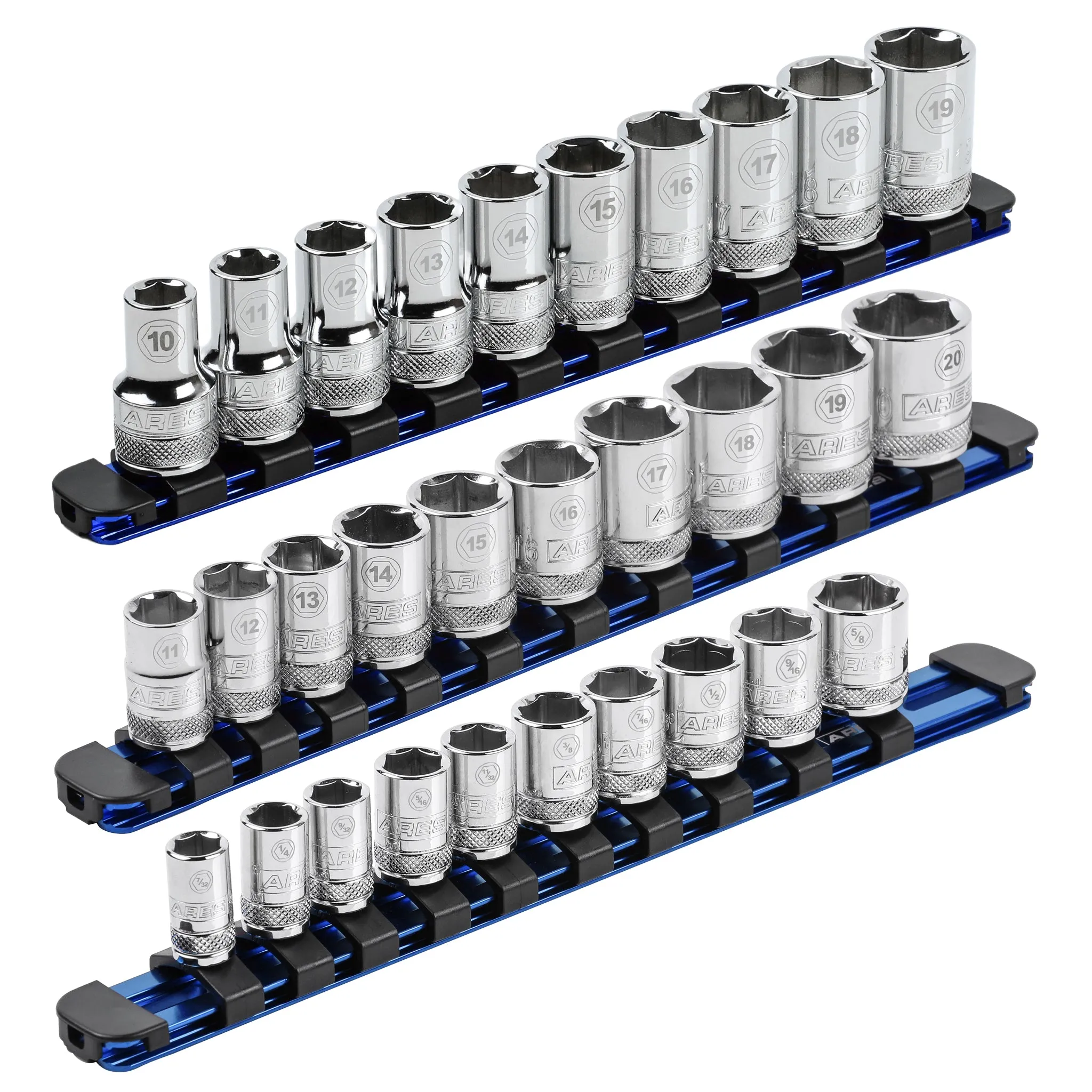 ARES 60110 - 3-Piece Blue 9.84-Inch Aluminum Socket Rail Set with Locking End Caps