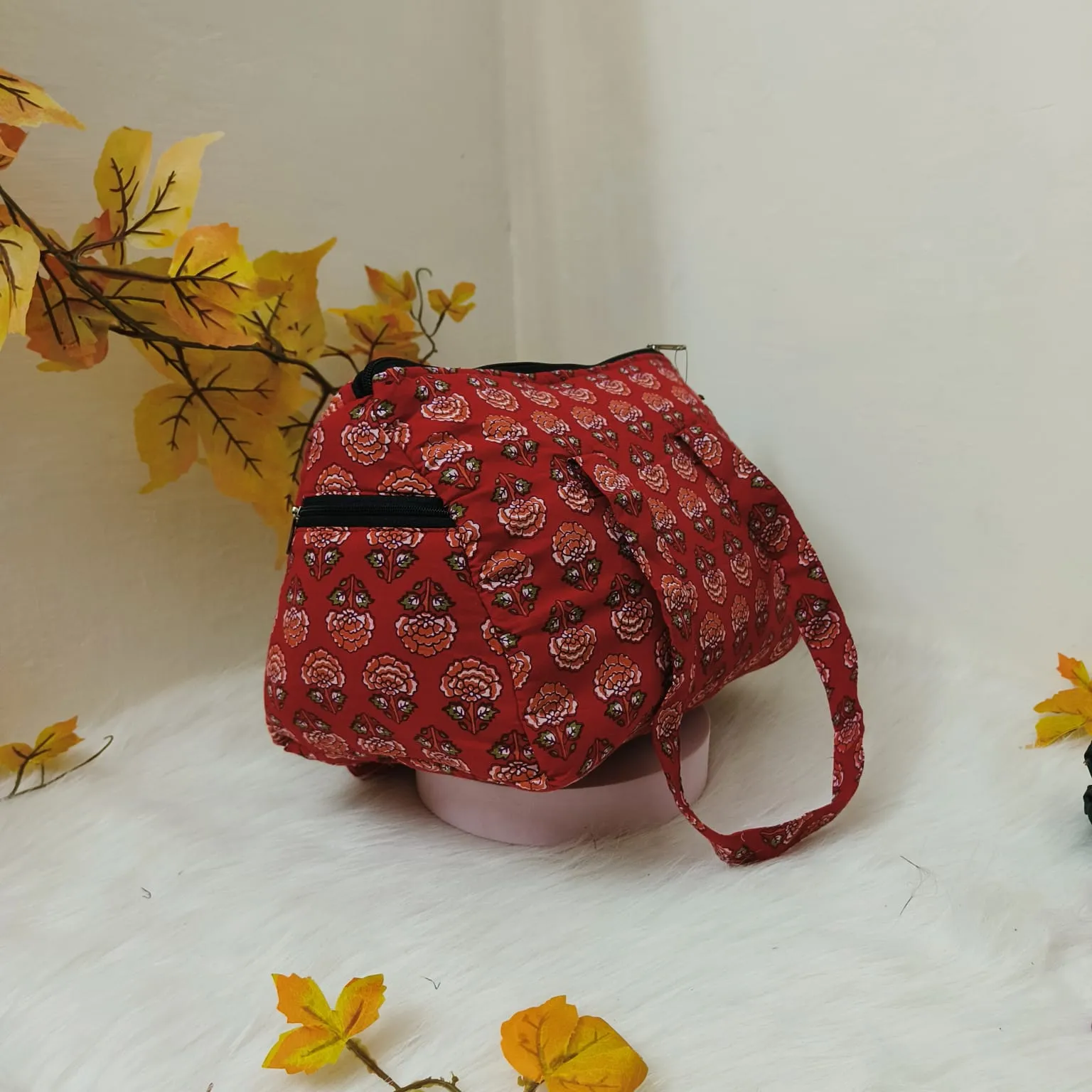 Barrel Handbags Red Color With White Flower print