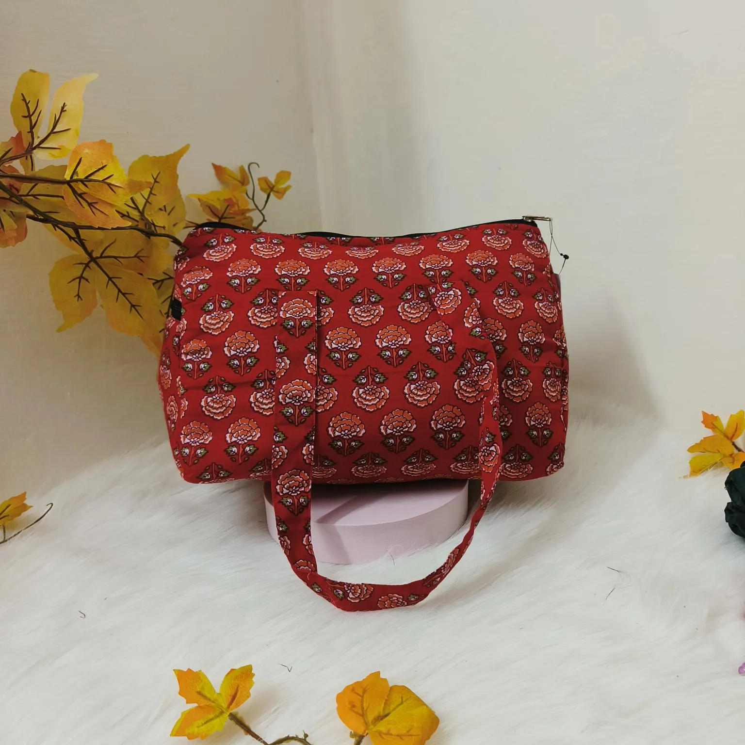 Barrel Handbags Red Color With White Flower print