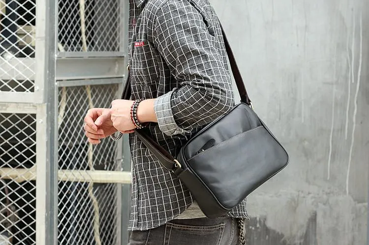 Black Leather Mens Casual Small Courier Bags Messenger Bag Amber Brown Postman Bags For Men