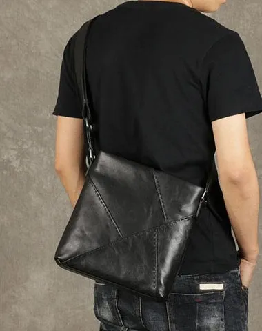 Black Leather Mens Cool Messenger Bag Small Shoulder Bag for men