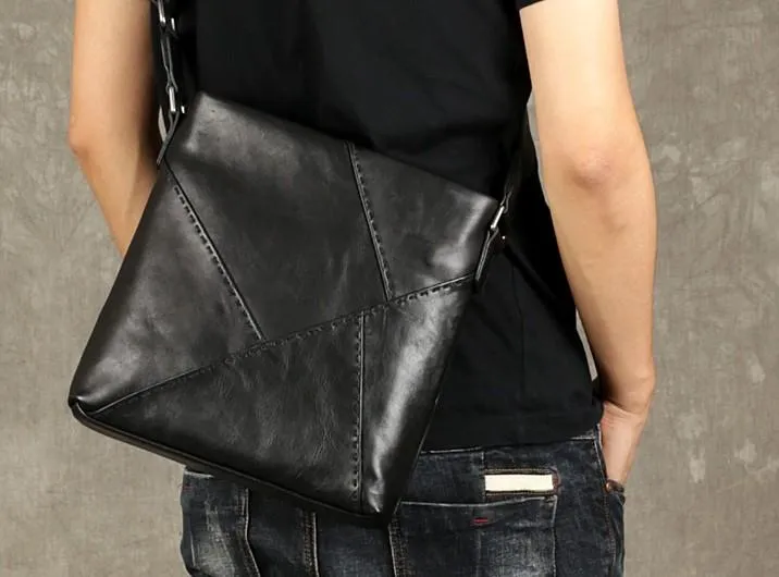 Black Leather Mens Cool Messenger Bag Small Shoulder Bag for men