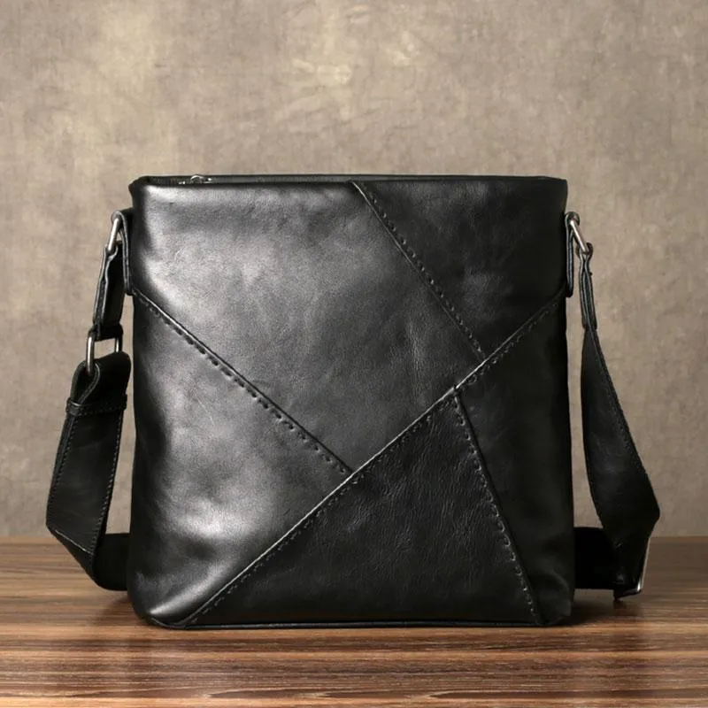 Black Leather Mens Cool Messenger Bag Small Shoulder Bag for men