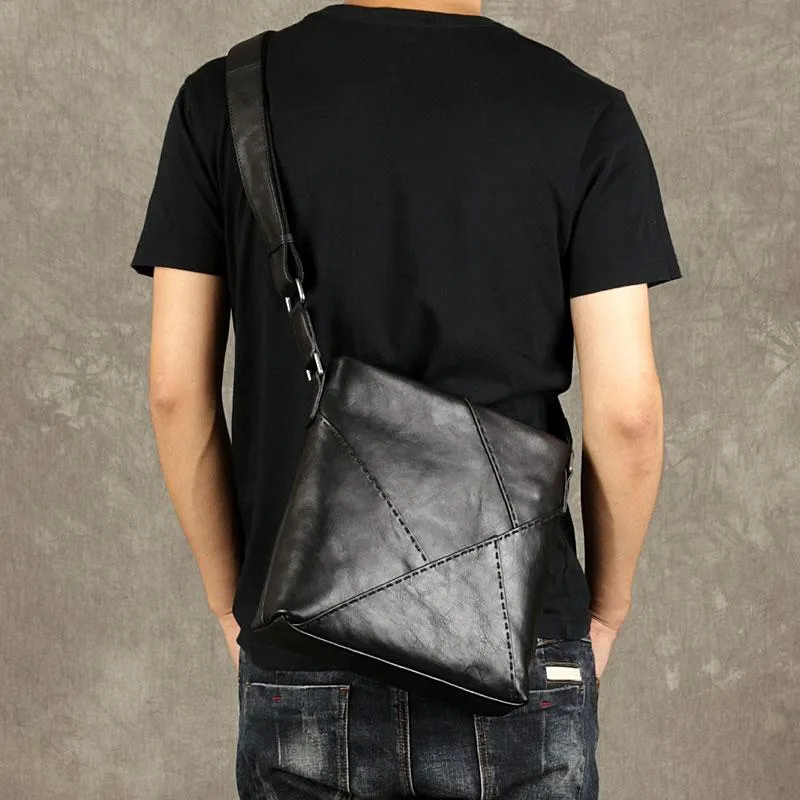 Black Leather Mens Cool Messenger Bag Small Shoulder Bag for men