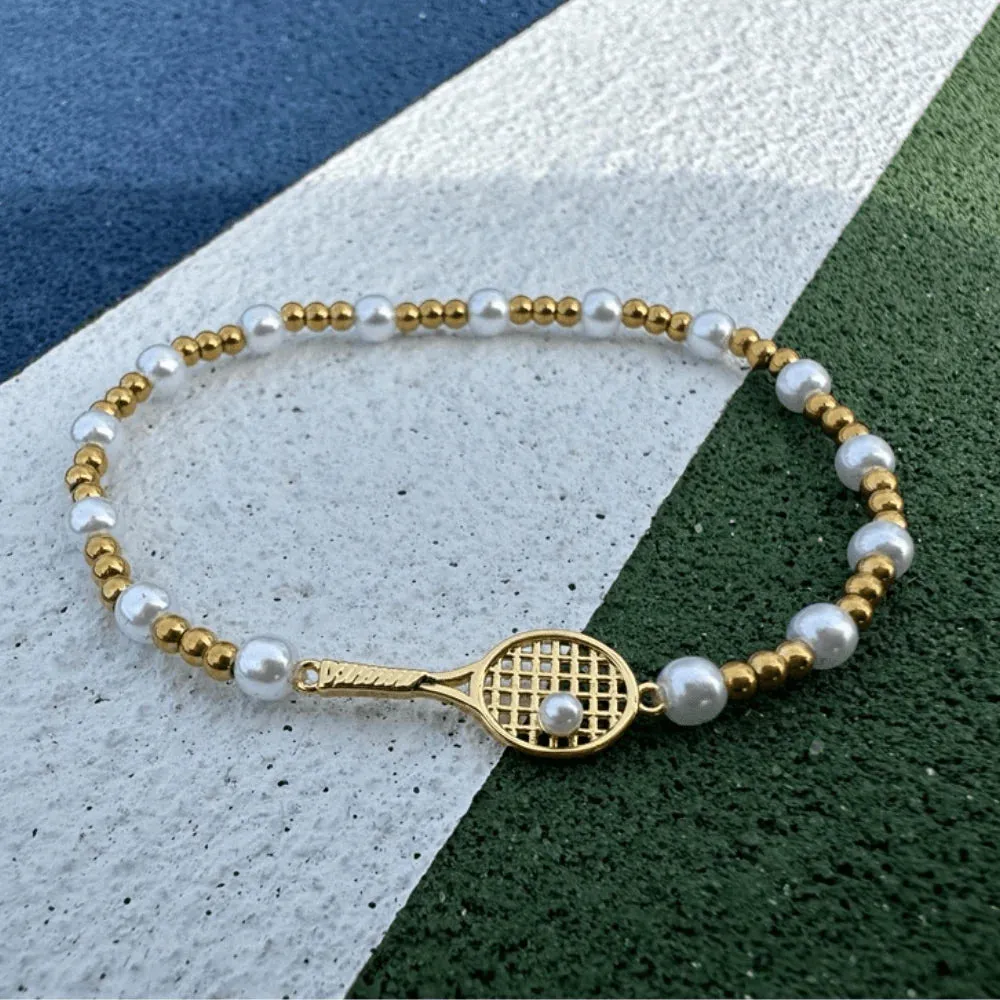 Born To Rally Pearl Gold Tennis Racket Beaded Bracelet