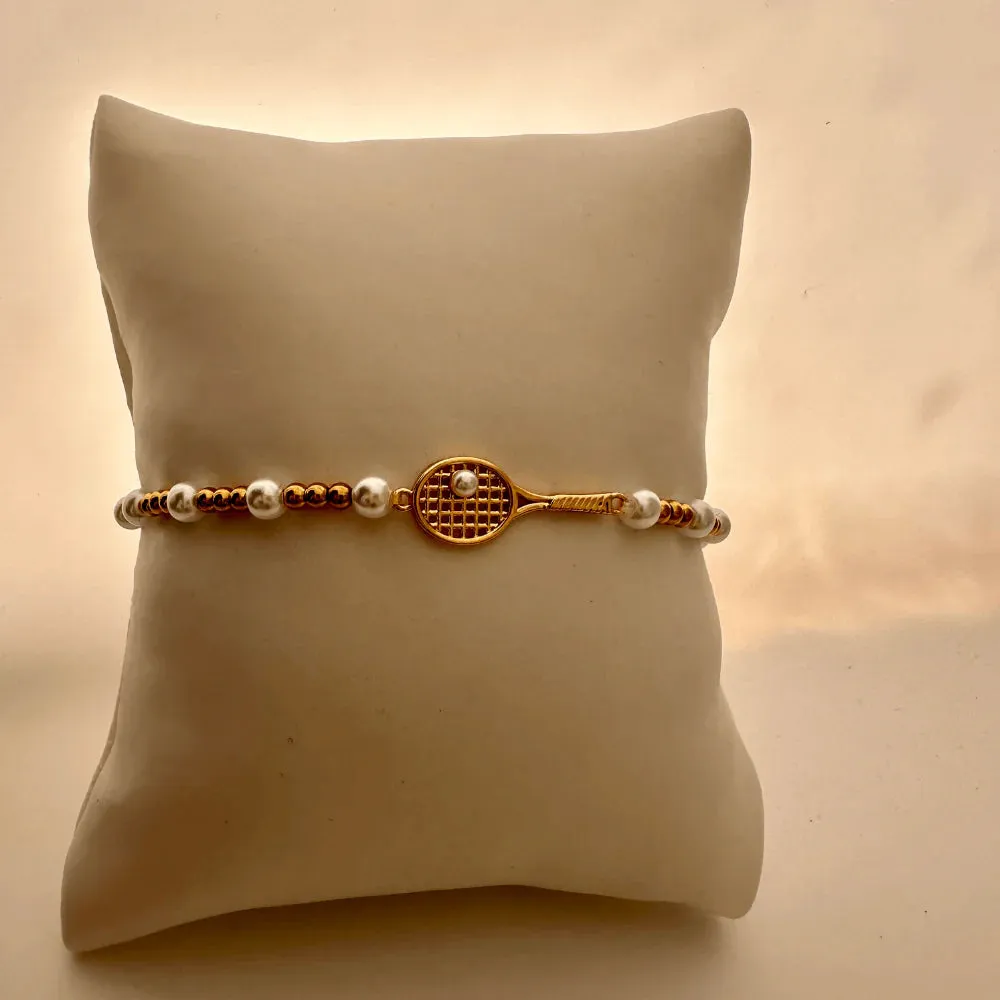 Born To Rally Pearl Gold Tennis Racket Beaded Bracelet