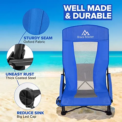 Brace Master Beach Chair with Umbrella, Camping Chair, High Back Sand Chairs, Foldable Mesh Back Design with Cup Holder & Cooler & Phone Bag for Camping, Beach, Picnic（Blue 2 Packs）