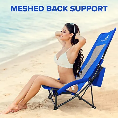 Brace Master Beach Chair with Umbrella, Camping Chair, High Back Sand Chairs, Foldable Mesh Back Design with Cup Holder & Cooler & Phone Bag for Camping, Beach, Picnic（Blue 2 Packs）