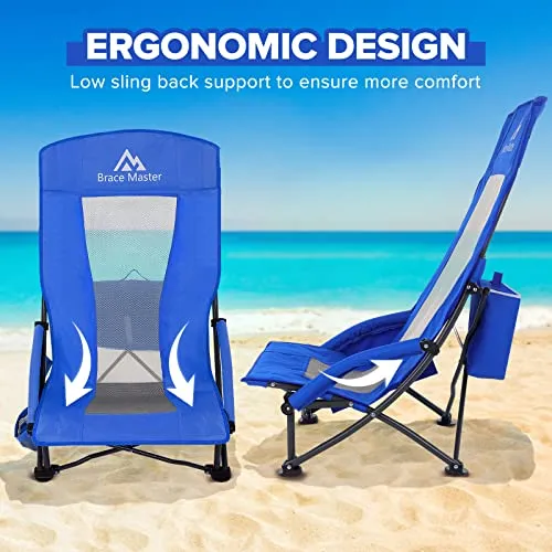 Brace Master Beach Chair with Umbrella, Camping Chair, High Back Sand Chairs, Foldable Mesh Back Design with Cup Holder & Cooler & Phone Bag for Camping, Beach, Picnic（Blue 2 Packs）