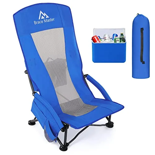 Brace Master Beach Chair with Umbrella, Camping Chair, High Back Sand Chairs, Foldable Mesh Back Design with Cup Holder & Cooler & Phone Bag for Camping, Beach, Picnic（Blue 2 Packs）