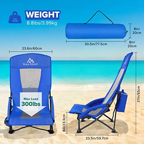 Brace Master Beach Chair with Umbrella, Camping Chair, High Back Sand Chairs, Foldable Mesh Back Design with Cup Holder & Cooler & Phone Bag for Camping, Beach, Picnic（Blue 2 Packs）