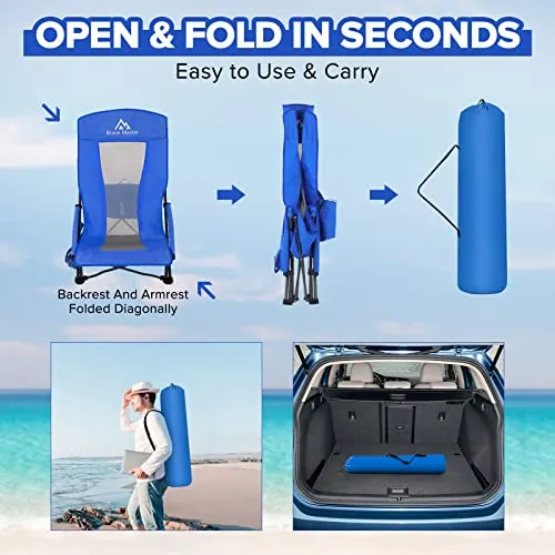 Brace Master Beach Chair with Umbrella, Camping Chair, High Back Sand Chairs, Foldable Mesh Back Design with Cup Holder & Cooler & Phone Bag for Camping, Beach, Picnic（Blue 2 Packs）