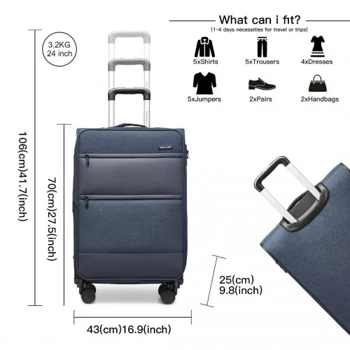 British Traveller 24 Inch Expandable Soft Shell Suitcase with TSA Lock - Lightweight & Durable - Navy