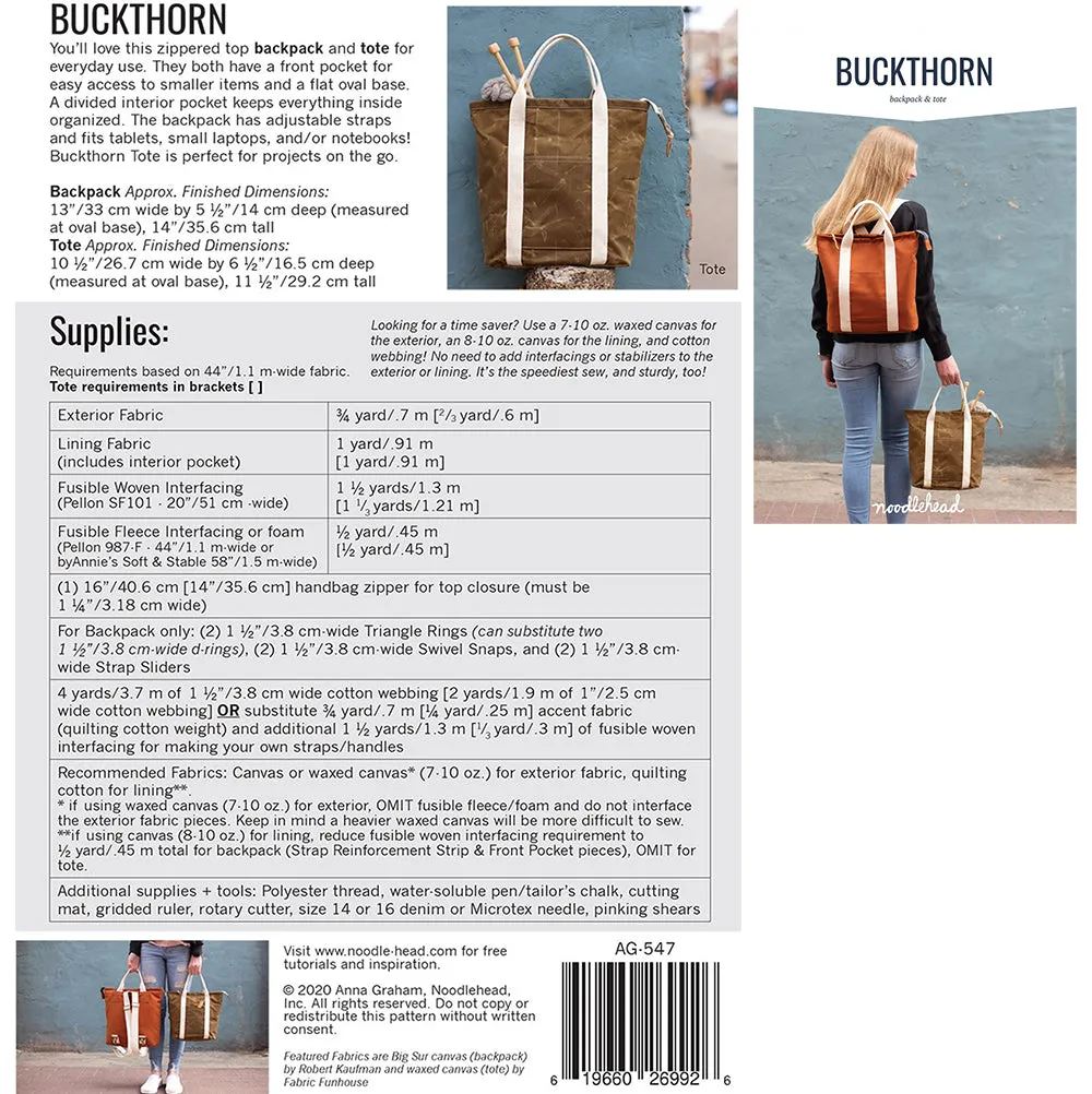 Buckthorn Backpack Project Kit - CANVAS (8.6 oz)