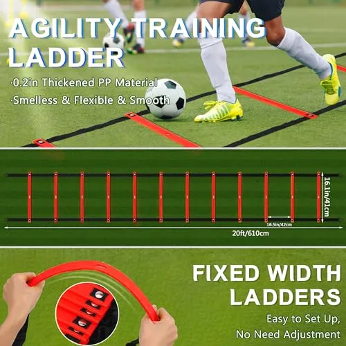 Camkinger Fixed Rung Agility Ladder - 20ft 12 Rungs No Tangle Speed and Agility Training Equipment for Soccer Footwork Training with Carrying Bag/Ground Stakes for Adults Youth Kids