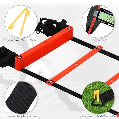 Camkinger Fixed Rung Agility Ladder - 20ft 12 Rungs No Tangle Speed and Agility Training Equipment for Soccer Footwork Training with Carrying Bag/Ground Stakes for Adults Youth Kids