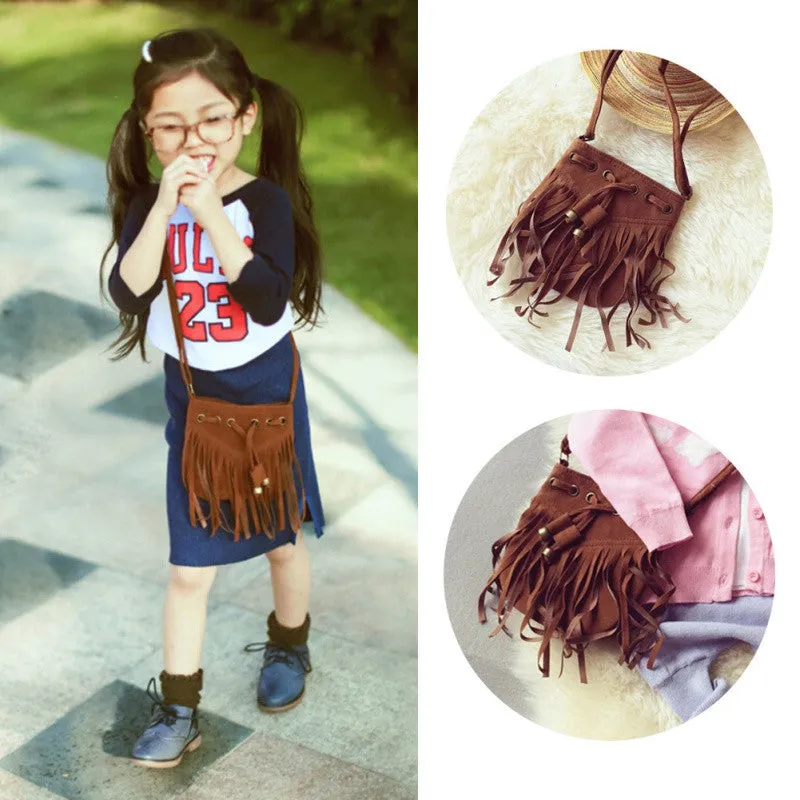 Children Fashion Tassel Bags Girl Brown Children Mini Handbag Kids Shoulder Bag U5