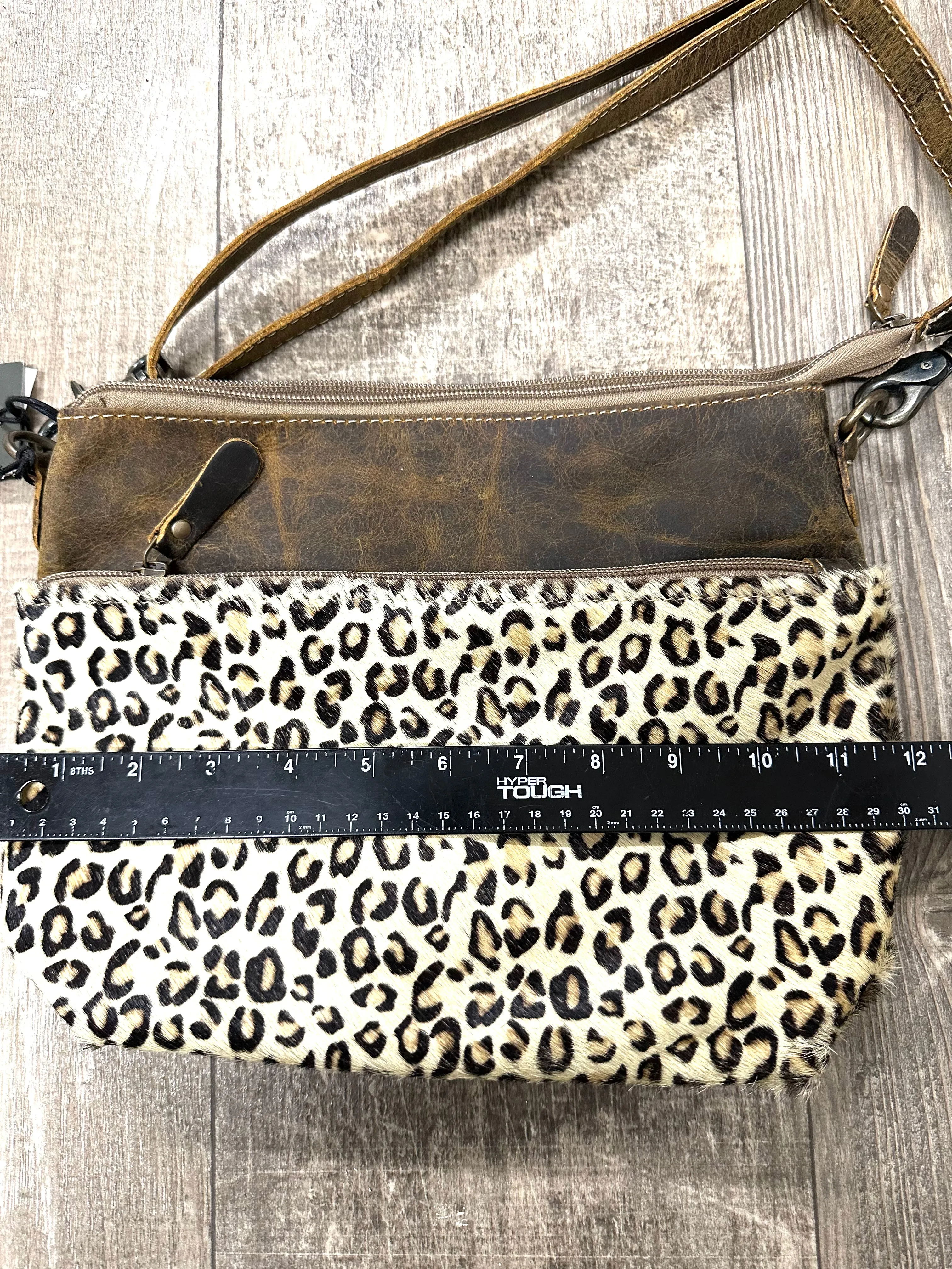 Cowhide and leather cheetah cross body  bag with leather strap