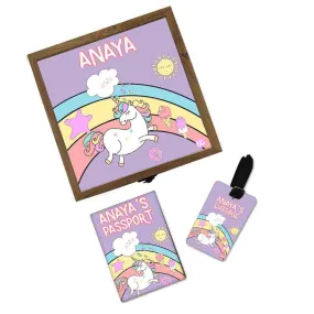 Custom Kids Passport Cover With Luggage Tag - Unicorn And Rainbow Candy