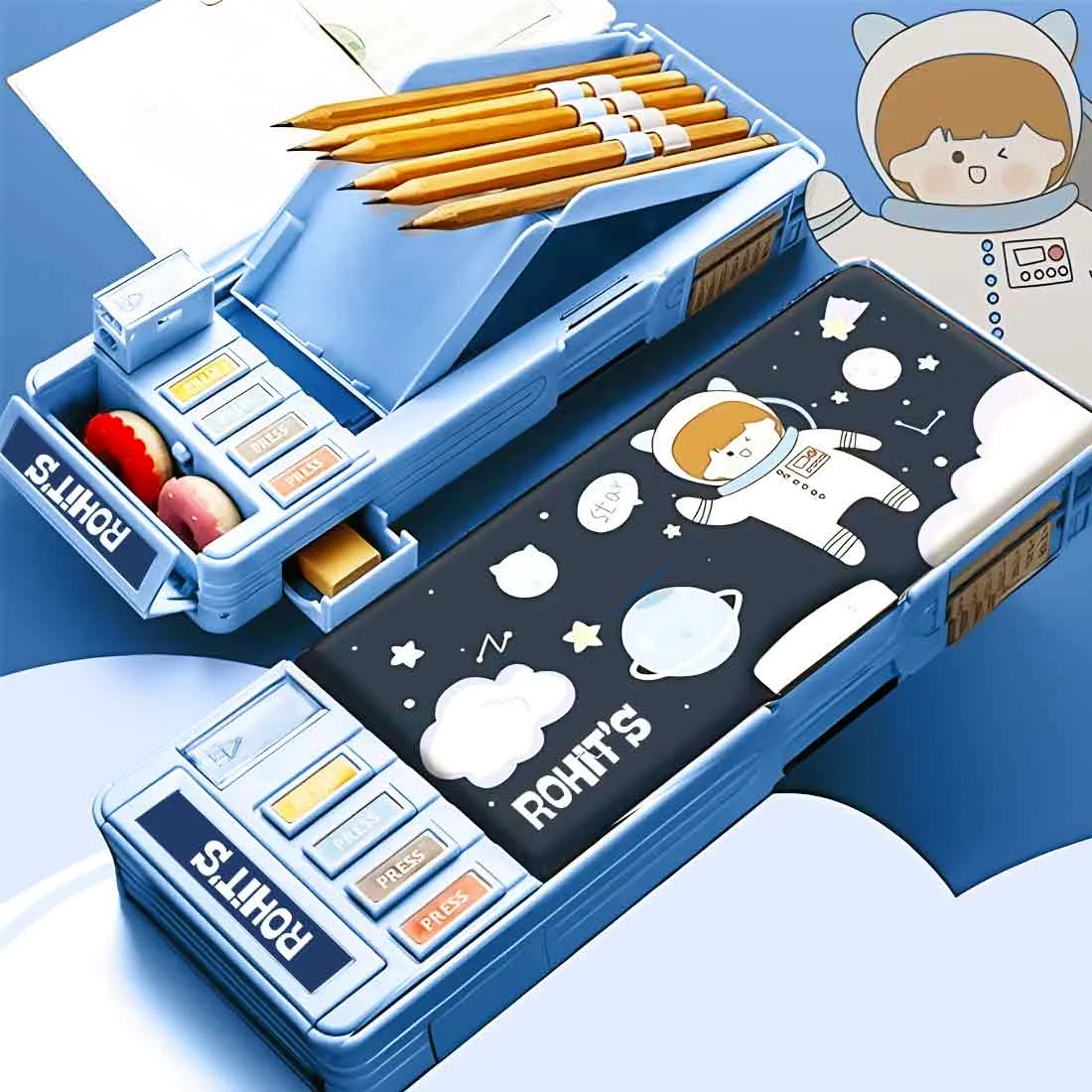 Customize Pencil Box with Name Switch Operated Multi-functional Compass Box for Kids with Press buttons