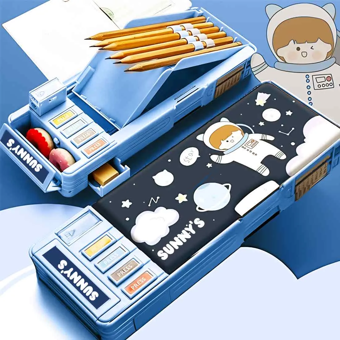 Customize Pencil Box with Name Switch Operated Multi-functional Compass Box for Kids with Press buttons