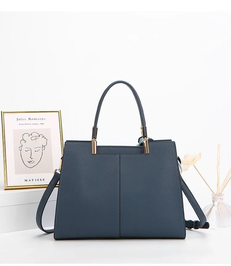 Cute Blue Minimalist Solid Color Simple Luxury Vegan Leather Handbag for Women   Satin Wrapped Handle Scarf, Shoulder Bag, Crossbody Bag