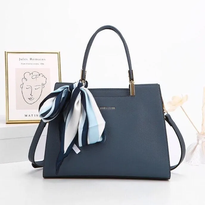 Cute Blue Minimalist Solid Color Simple Luxury Vegan Leather Handbag for Women   Satin Wrapped Handle Scarf, Shoulder Bag, Crossbody Bag