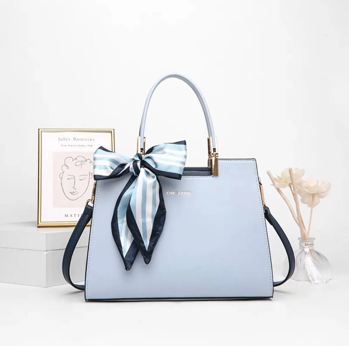 Cute Blue Minimalist Solid Color Simple Luxury Vegan Leather Handbag for Women   Satin Wrapped Handle Scarf, Shoulder Bag, Crossbody Bag