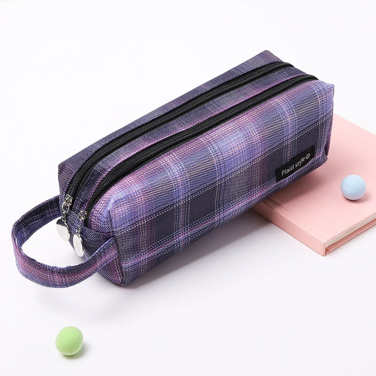 Double-Layer Plaid Pencil Case Female Student Canvas Portable Pencil Case