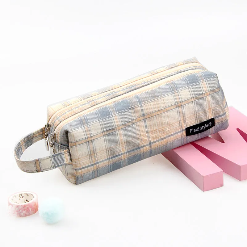 Double-Layer Plaid Pencil Case Female Student Canvas Portable Pencil Case