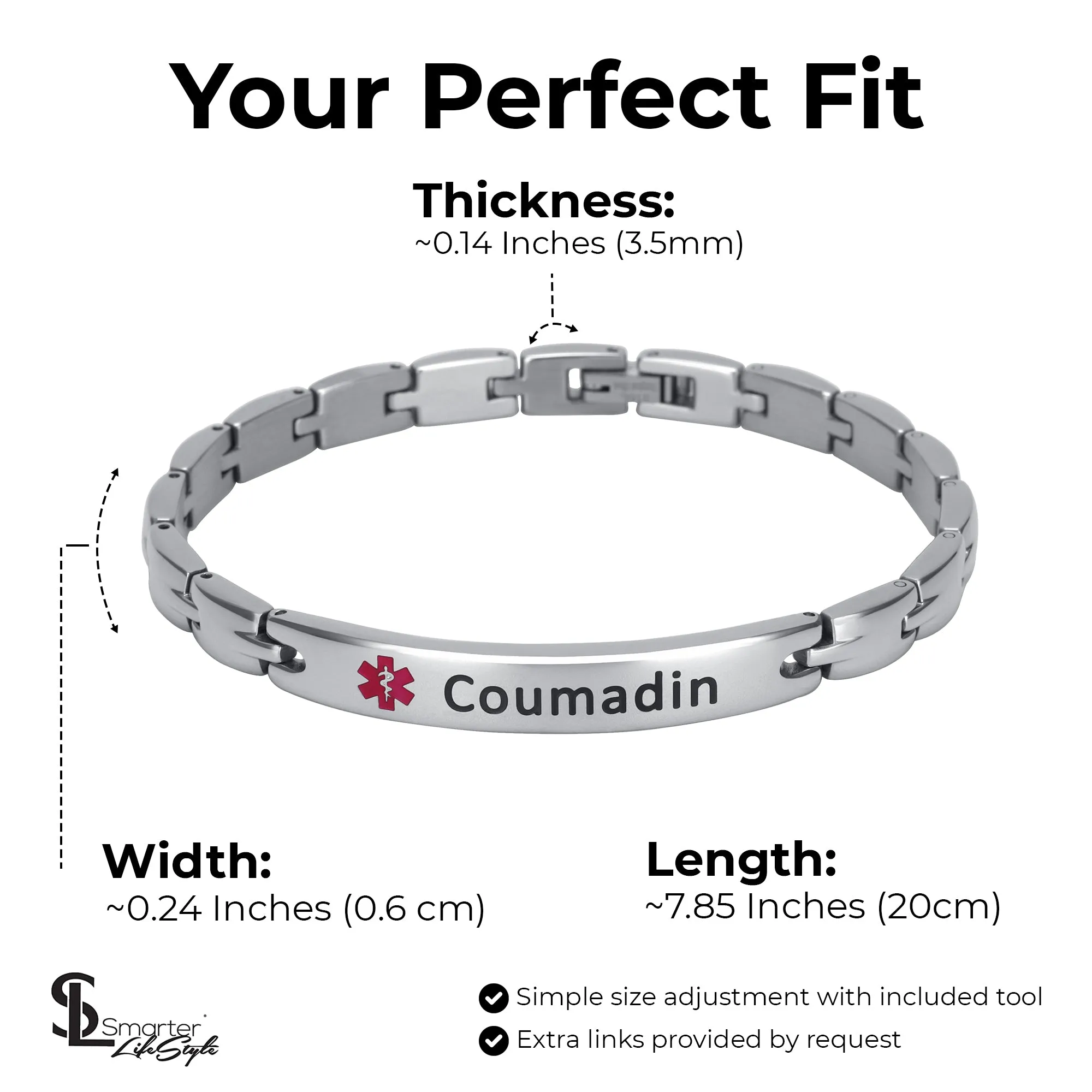 Elegant Surgical Grade Steel Medical Alert ID Bracelet - Women's / Coumadin