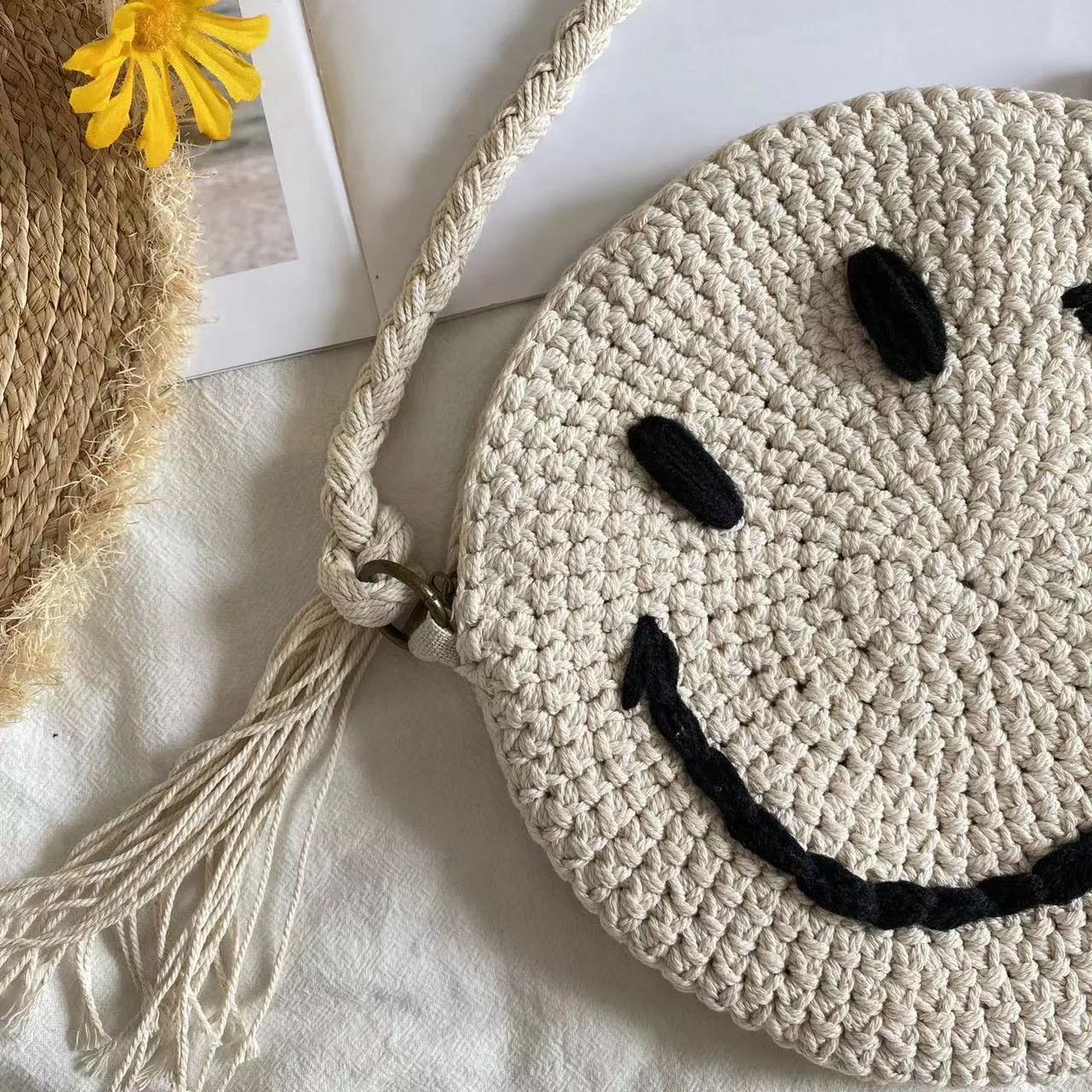 Elena Handbags Crochet Smiley Face Round Bag