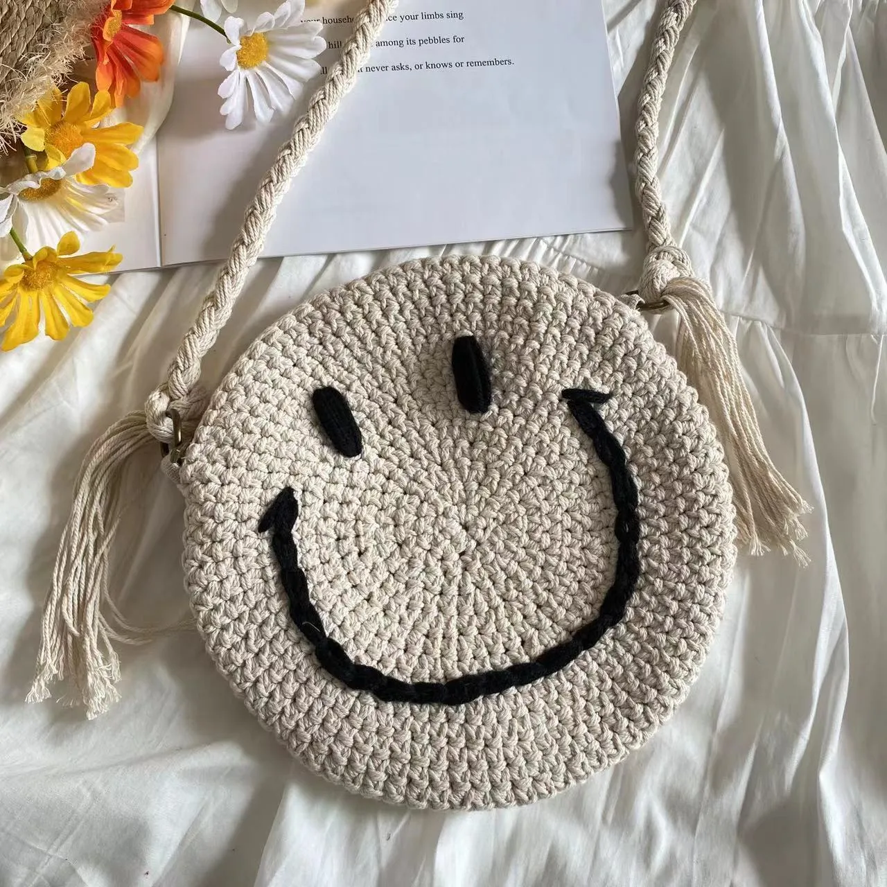 Elena Handbags Crochet Smiley Face Round Bag