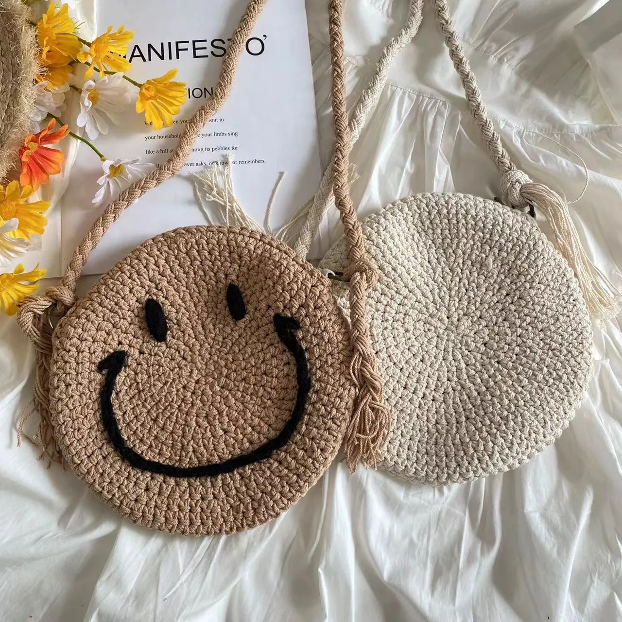 Elena Handbags Crochet Smiley Face Round Bag