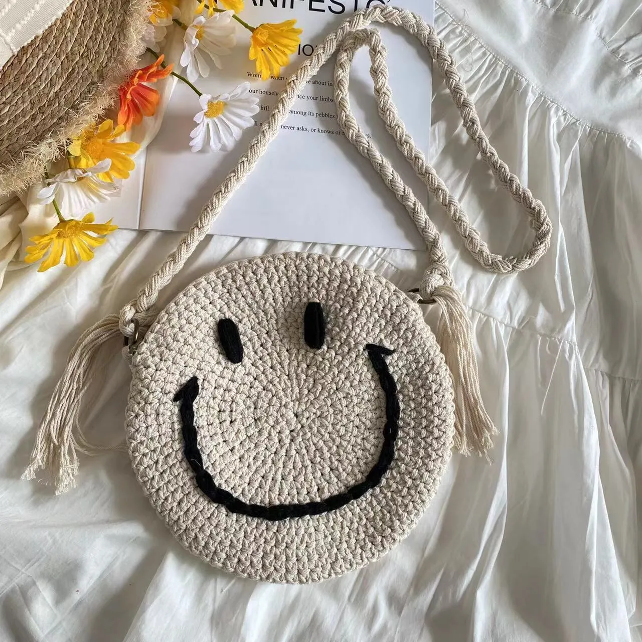 Elena Handbags Crochet Smiley Face Round Bag