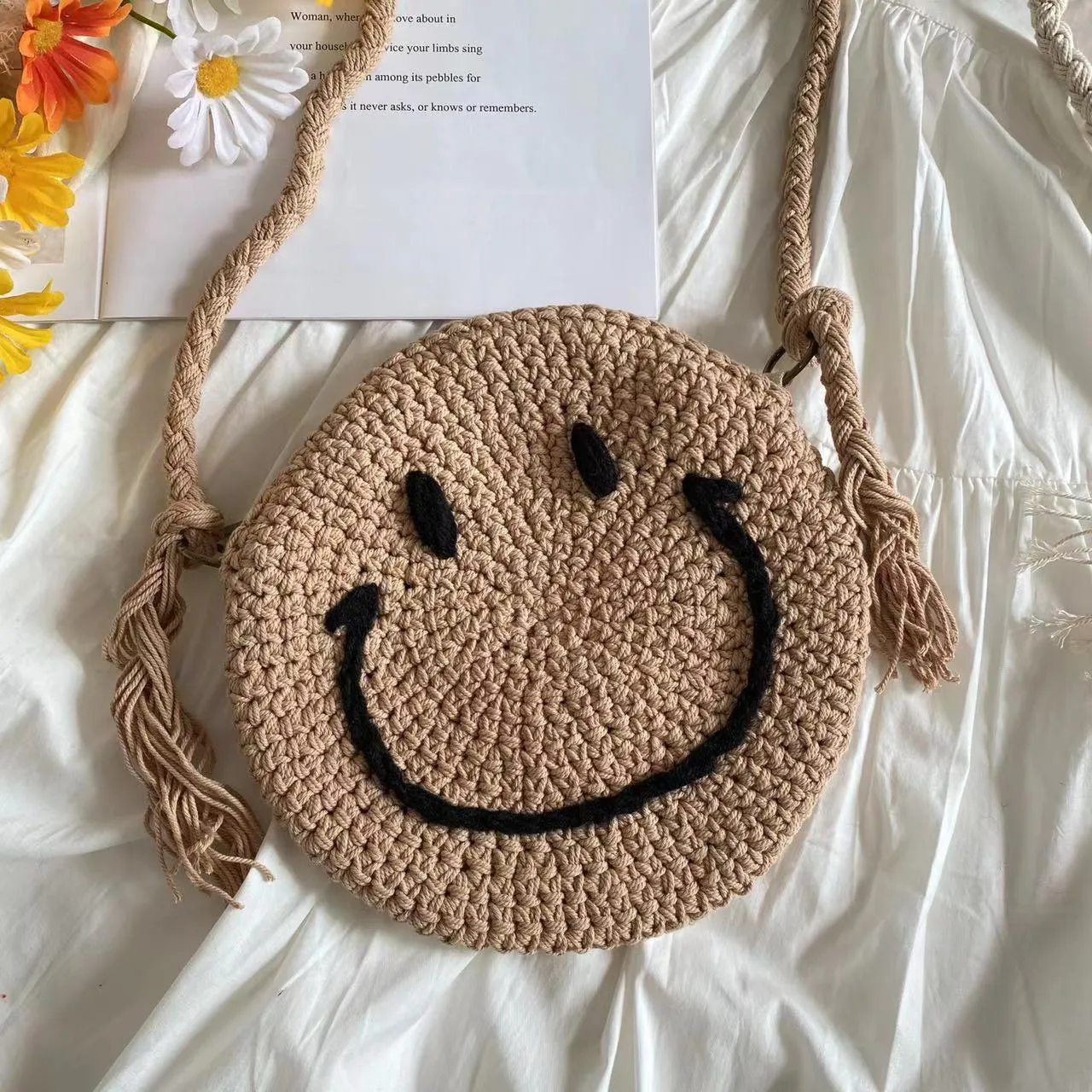 Elena Handbags Crochet Smiley Face Round Bag