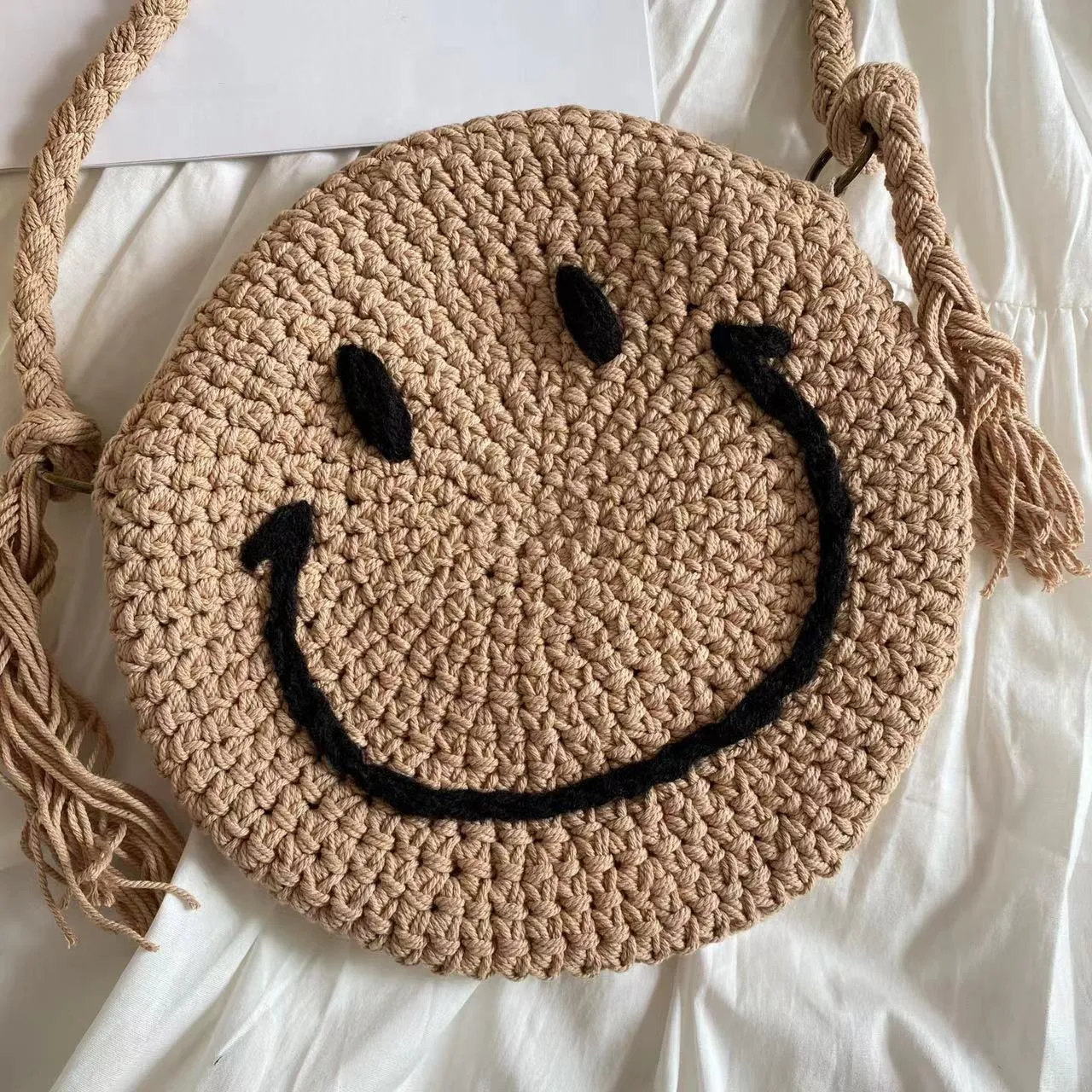 Elena Handbags Crochet Smiley Face Round Bag