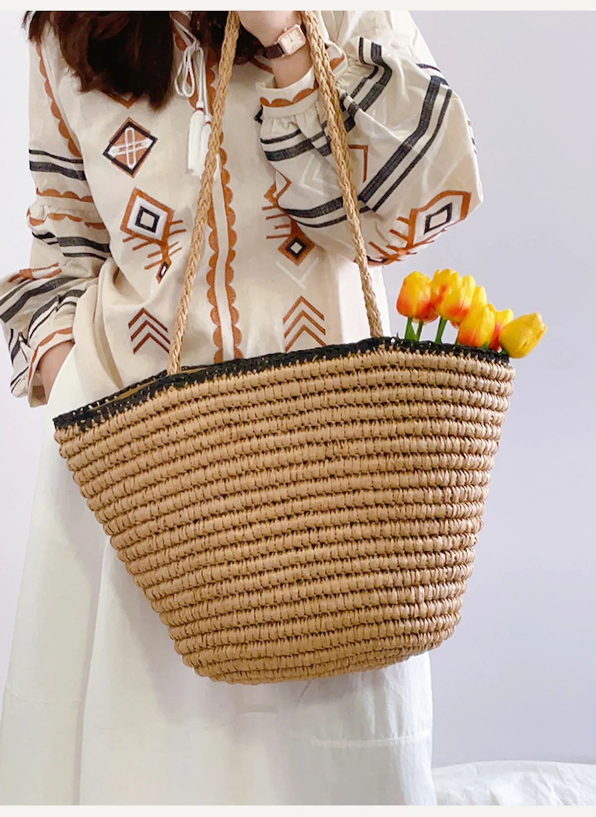 Elena Handbags Summer Straw Basket Summer Tote