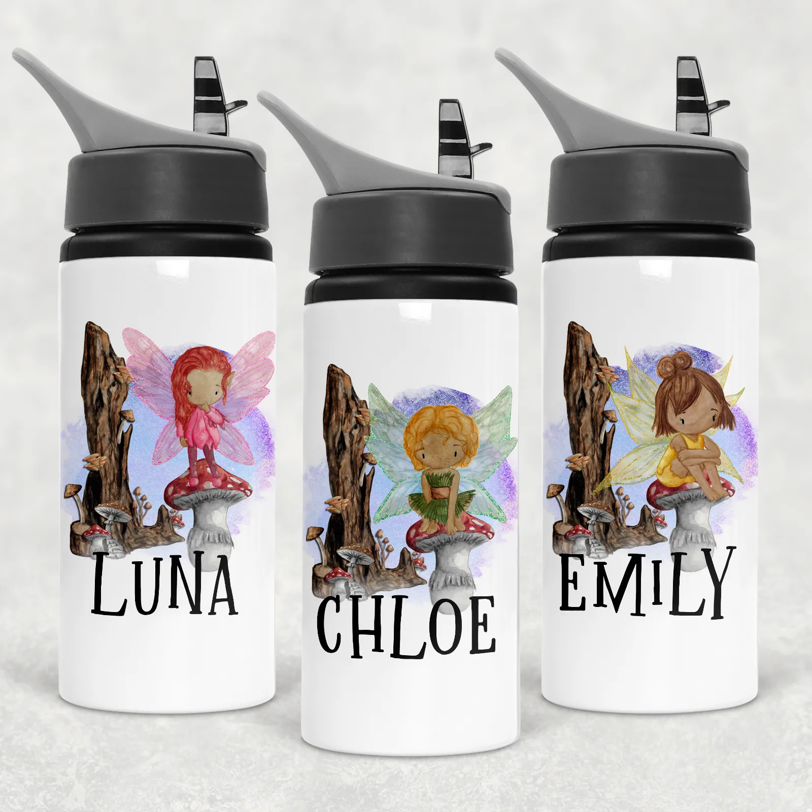 Fairy Toadstool Personalised Aluminium Straw Water Bottle 650ml