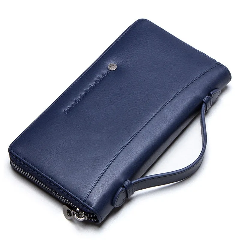 Genuine Leather Men Clutch Wallet  Brand Male Card Holder Long  Zipper Around Travel Purse With Passport Holder 6.5" Phone Case